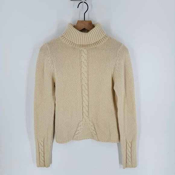 Cream Cable Knit Turtleneck Sweater Classic Chunky 100% Cashmere Knit Size Small - Picture 7 of 7